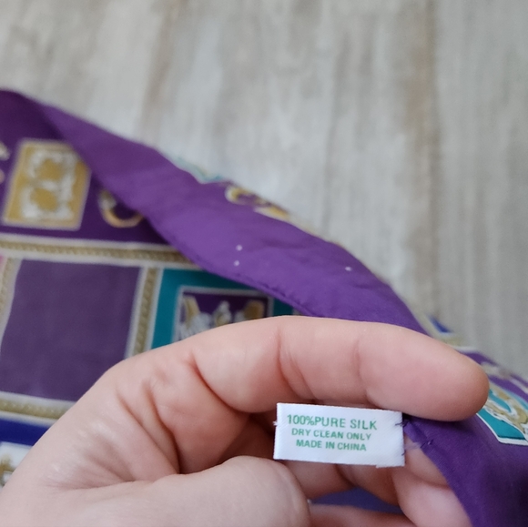 VTG Georgiou 100% Silk Scarf Purple Pink Blue Letters Squares 34x33 - Picture 4 of 12